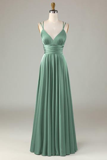 Grand Beauty A Line Spaghetti Straps Vestido de dama de honor largo verde oliva con volantes